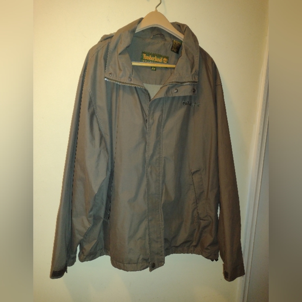 Vintage Timberland WeatherGear Jacket Men's XXL Green Hooded Lined Zip Pockets